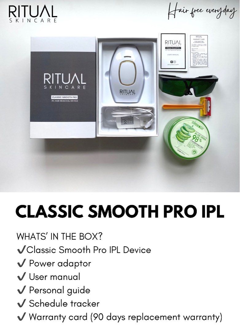 Ritual IPL Hair Removal Device (Category: Hair Removal) located in Mandaluyong City. Submitted by cheezums (Listing ID 1339102295, Image 2). Description: Selling very low - everything must go! Selling for P2,000 only with FREE shipping within Metro Manila! Regularly priced at P4,580. Our Classic Smooth Pro IPL Hair Removal device is clinical-grade and uses a Xenon quartz lamp tube with 900,000+ flashes. The complete kit includes: ✔️Classic Smooth