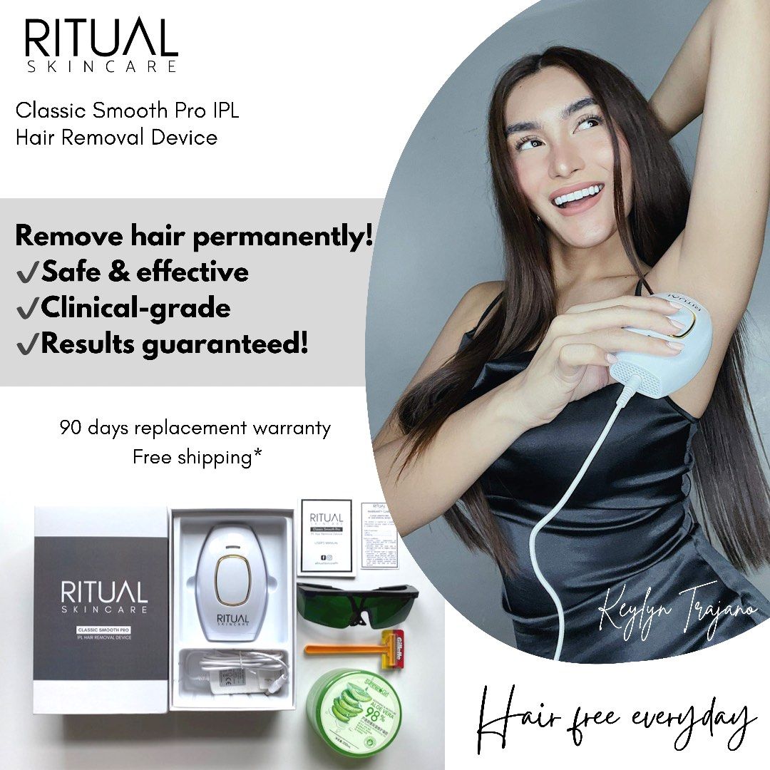 Ritual IPL Hair Removal Device (Category: Hair Removal) located in Mandaluyong City. Submitted by cheezums (Listing ID 1339102295, Image 1). Description: Selling very low - everything must go! Selling for P2,000 only with FREE shipping within Metro Manila! Regularly priced at P4,580. Our Classic Smooth Pro IPL Hair Removal device is clinical-grade and uses a Xenon quartz lamp tube with 900,000+ flashes. The complete kit includes: ✔️Classic Smooth