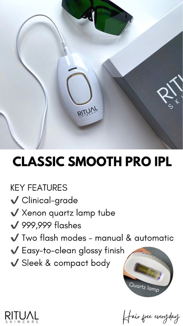 Ritual IPL Hair Removal Device (Category: Hair Removal) located in Mandaluyong City. Submitted by cheezums (Listing ID 1339102295, Image 3). Description: Selling very low - everything must go! Selling for P2,000 only with FREE shipping within Metro Manila! Regularly priced at P4,580. Our Classic Smooth Pro IPL Hair Removal device is clinical-grade and uses a Xenon quartz lamp tube with 900,000+ flashes. The complete kit includes: ✔️Classic Smooth