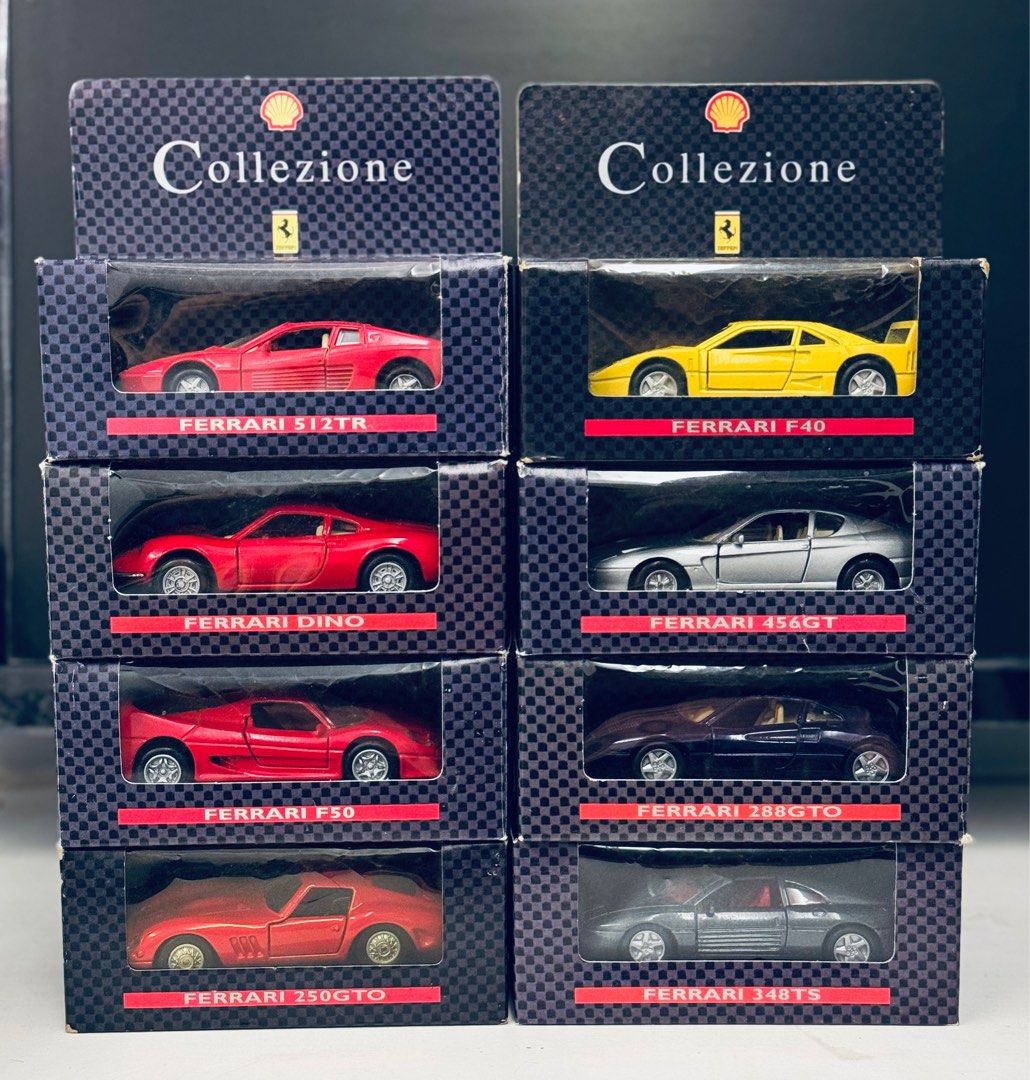 Shell Ferrari Collezione (Category: Vehicle & Diecast Models) located in Taguig. Submitted by erczzone (Listing ID 1339146555, Image 1). Description: Shell Ferrari Collezione Set of 8 Scale 1:43 Die cast 1996 promo 3 sets available Ferrari Dino Ferrari F40 Ferrari 456 GT Ferrari 512 TR Ferrari 348 TS Ferrari 250 GTO Ferrari F50 Ferrari 288 GTO.