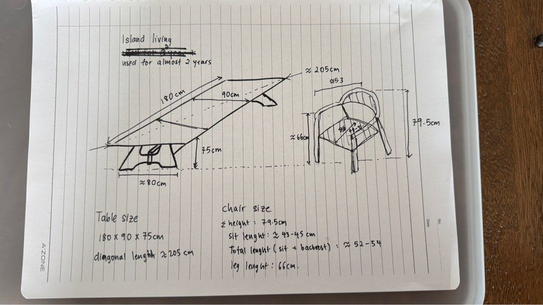 Solid Wood Dining Table (Category: Tables & Sets) located in Singapore. Submitted by sufyyy (Listing ID 1339048434, Image 2). Description: Island Living Dinning table + 6 Chairs used for less than 2 years no defects can check when come to view Dimensions Table Size 180 x 90 x 75 Diagonal Length ~ 205cm Chair Size Total height = 79.5cm Total length ~ 52-54cm (sit + backrest) Leg length = 66cm Sit Cushion length ~ 43-45cm .
