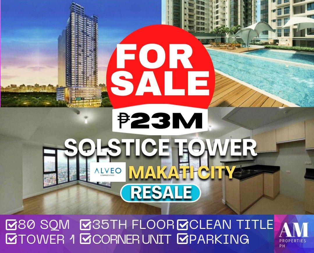 Solstice Tower Makati Resale (Category: Apartments & Condos) located in Quezon City. Submitted by am_properties_ph (Listing ID 1294513629, Image 1). Description: Solstice Tower (Makati City) FOR SALE - 23 million - 80 sqm - 2 Bedrooms - 35th floor - Tower 1 - Corner Unit - Clean Title - Parking Amenities: 24/7 Security, Lap & Kiddie pool, Play Area, Fitness gym, Pocket gardens, Board Room, etc. Near: Greenbelt, Glorietta, Makati Medical Center, M