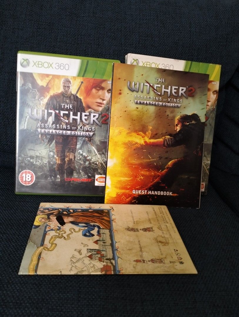 XBOX 360 The Witcher 2 Assasins of Kings Enhanced Edition, 2011 Collection, Bandai Namco Game (Category: Xbox) located in Baguio. Submitted by bitsbaguio (Listing ID 1339034649, Image 3). Description: PAL, MINT CONDITION Includes - Box with creases - 2 Game Discs - 1 Official Soundtrack Disc - 2 sides Game World Map - An Extensive 32 Page Game Manual.