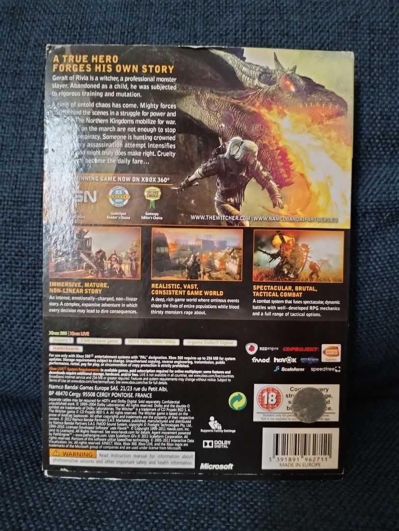 XBOX 360 The Witcher 2 Assasins of Kings Enhanced Edition, 2011 Collection, Bandai Namco Game (Category: Xbox) located in Baguio. Submitted by bitsbaguio (Listing ID 1339034649, Image 2). Description: PAL, MINT CONDITION Includes - Box with creases - 2 Game Discs - 1 Official Soundtrack Disc - 2 sides Game World Map - An Extensive 32 Page Game Manual.