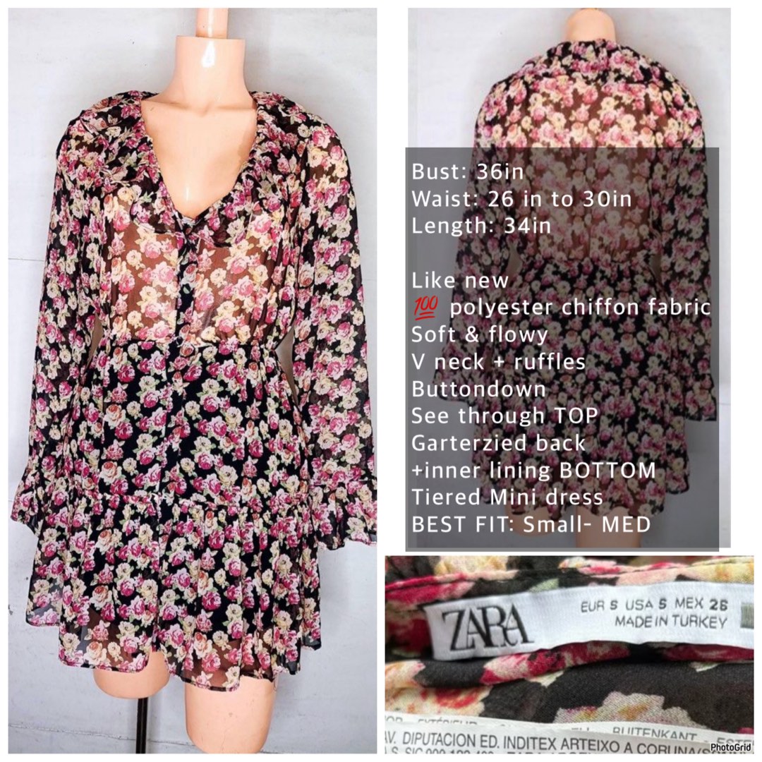 ZARA FLORAL RUFFLE PINK V NECK LONG SLEEVE TIERED LAYERED MINI DRESS SMALL  MEDIUM, Women's Fashion, Dresses & Sets, Dresses on Carousell
