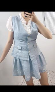 cosplay  日單復古貝殼刺繡全棉牛仔馬甲半身裙套裝兩件套64224001661186110