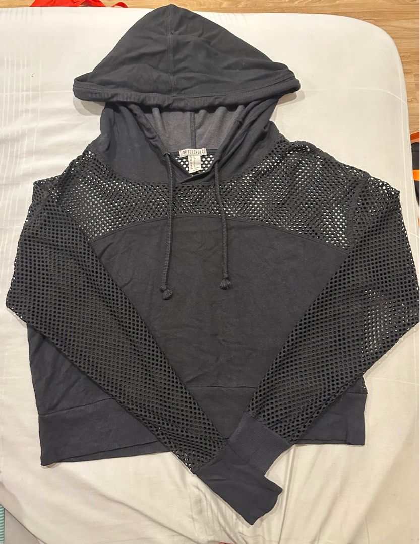 Fishnet Drawstring Hoodie FOREVER 21 Women s Fashion Tops Other Tops on Carousell