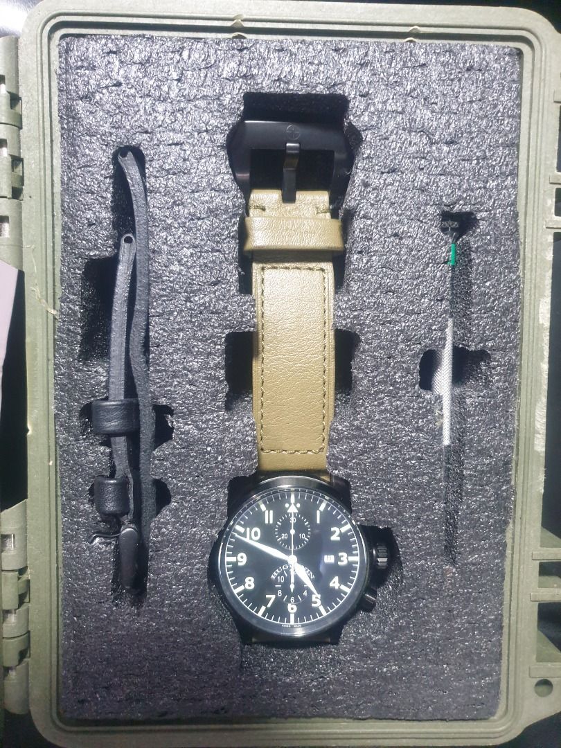 Huguenin Pilot Chronograph Automatic Not IWC Breitling (Category: Men's Watches) located in Manila. Submitted by jake.jake6 (Listing ID 1334444199, Image 1). Description: Huguenin Observer Ltd Edition 38th/200 made, 47 MM Automatic Chronograph Swiss Valjoux Movt Pilot PVD Coated. US Bought w/ Black + Army Green leather strap and extra PVD coated buckle. large Pilot spec Luminous Arabics that merges your IWC / UBoat formal look with sporty look. v