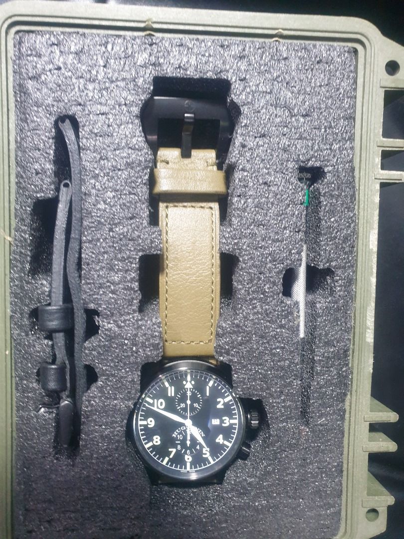 Huguenin Pilot Chronograph Automatic Not IWC Breitling (Category: Men's Watches) located in Manila. Submitted by jake.jake6 (Listing ID 1334444199, Image 2). Description: Huguenin Observer Ltd Edition 38th/200 made, 47 MM Automatic Chronograph Swiss Valjoux Movt Pilot PVD Coated. US Bought w/ Black + Army Green leather strap and extra PVD coated buckle. large Pilot spec Luminous Arabics that merges your IWC / UBoat formal look with sporty look. v
