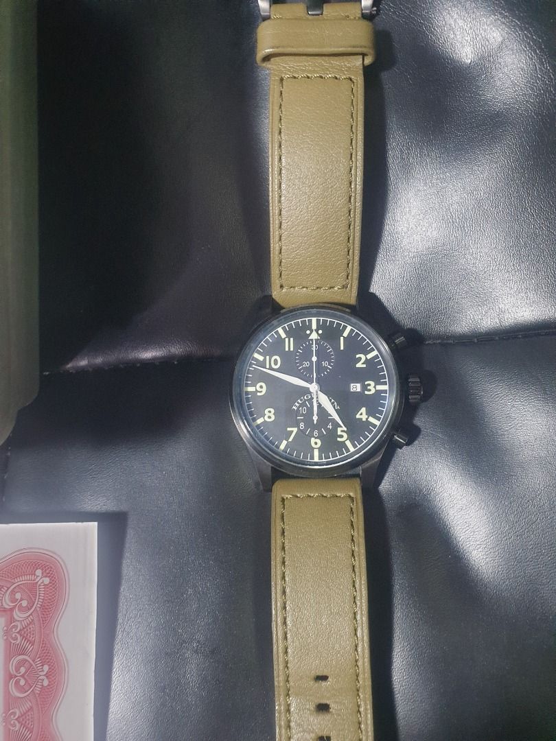 Huguenin Pilot Chronograph Automatic Not IWC Breitling (Category: Men's Watches) located in Manila. Submitted by jake.jake6 (Listing ID 1334444199, Image 3). Description: Huguenin Observer Ltd Edition 38th/200 made, 47 MM Automatic Chronograph Swiss Valjoux Movt Pilot PVD Coated. US Bought w/ Black + Army Green leather strap and extra PVD coated buckle. large Pilot spec Luminous Arabics that merges your IWC / UBoat formal look with sporty look. v