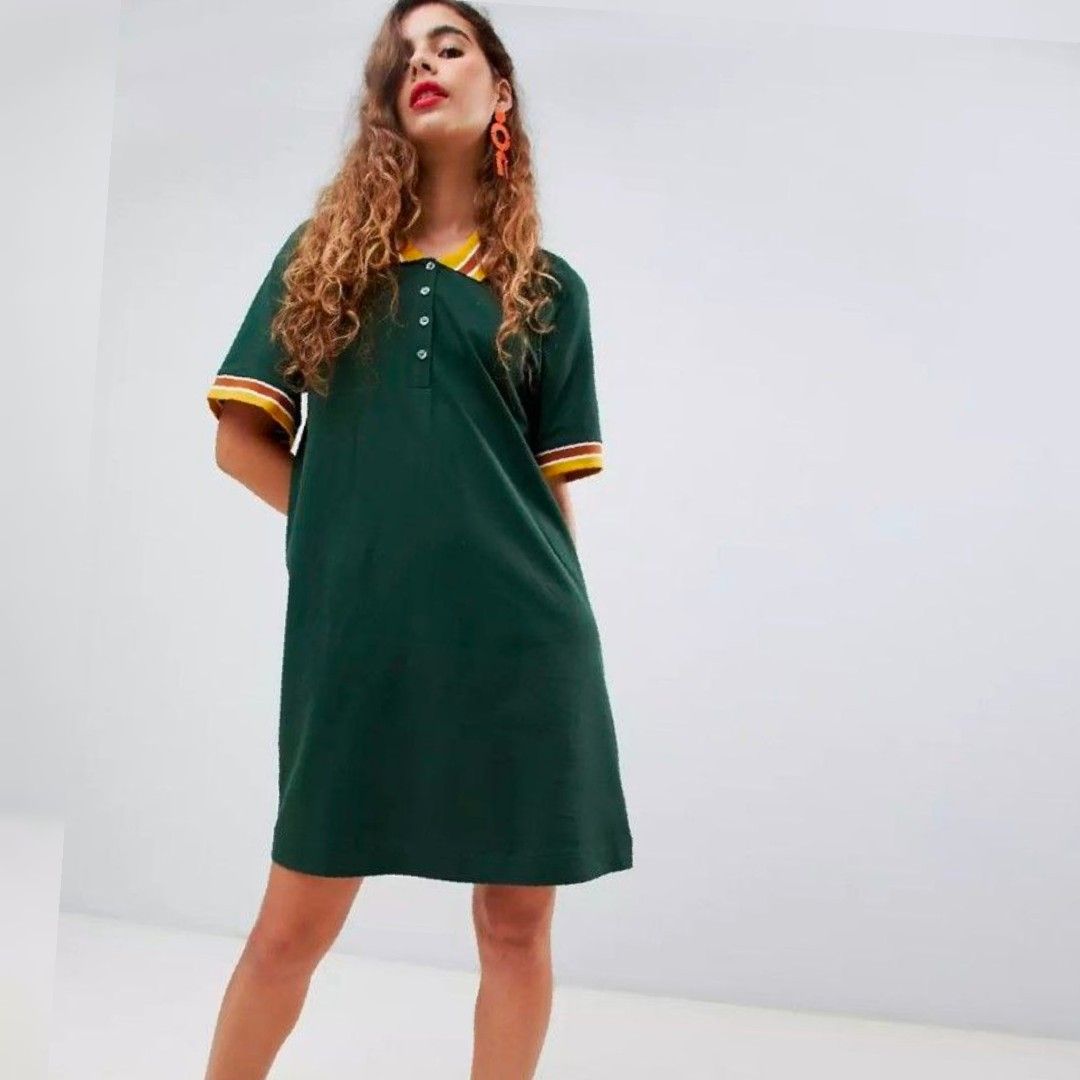 monki polo a line constrast collar dress in green