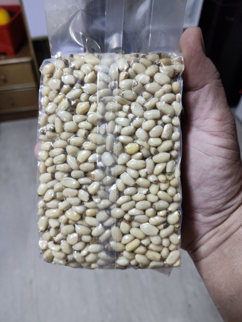 Pine nut (Category: Local Eats) located in Singapore. Submitted by greenwing.farmer (Listing ID 1334386281, Image 1). Description: pine nut de shelled. vacuum pack to retain freshness 250g per packet.