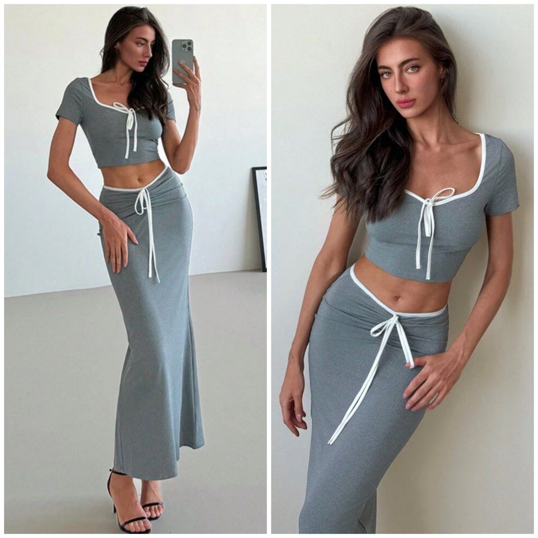 Shein Piece Set in Grey Crop Tee Top Highwaist Ruched