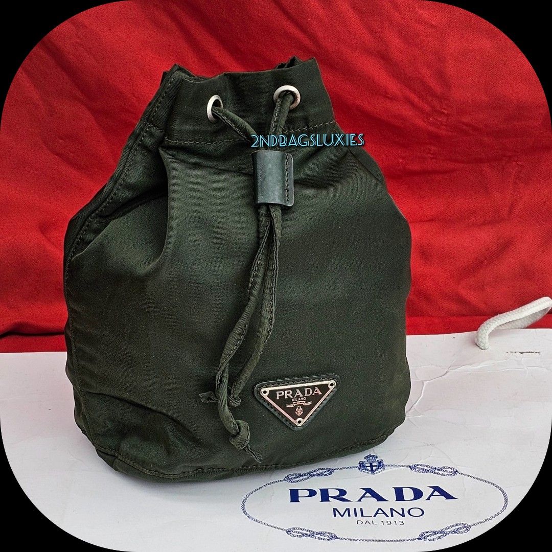 Vintage Prada Green Nylon Fabric Small Drawstring Bucket Pouch Bag