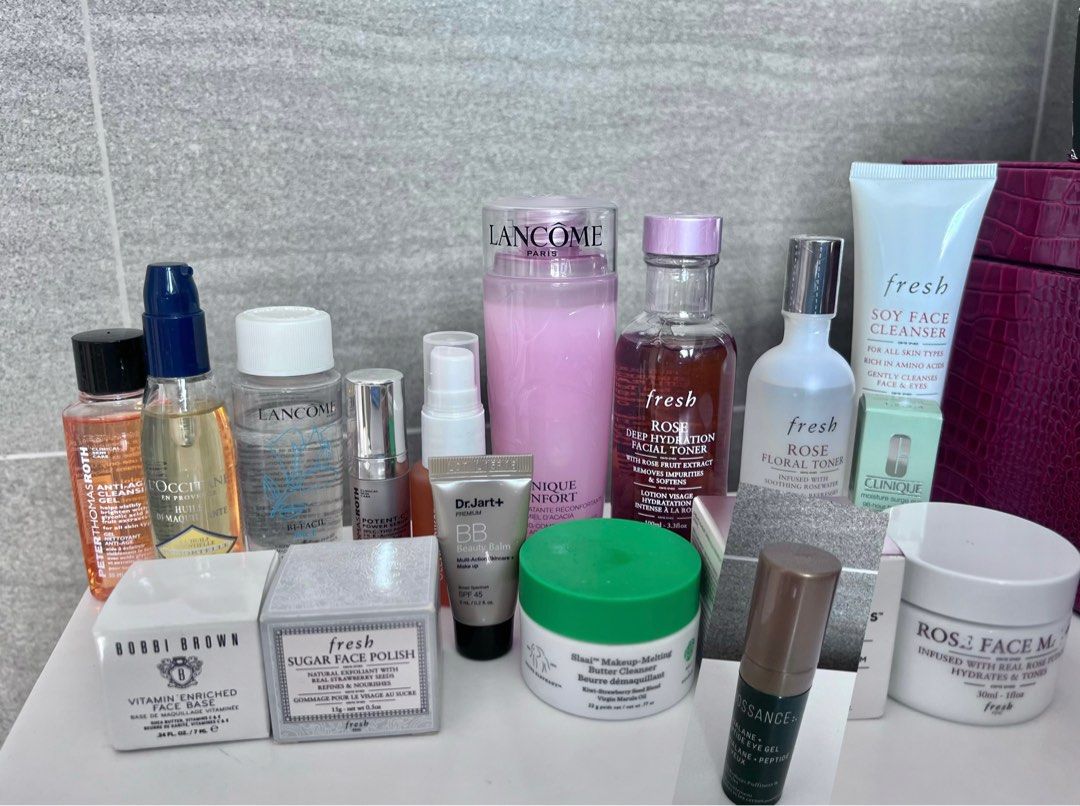 Assorted brands Skincare Fresh Toners Exfoliant Rose Mask Lancome Makeup Remover Drunk elephant Ole Henrikensen Peter Thomas Roth Vitamin C serum cream Bb Cleanser Eye Face Moisturizer (Category: Face Care) located in Singapore. Submitted by simplicity50 (Listing ID 1334570823, Image 1). Description: All brand new, non sample size at $22 each mailed, sample size at $8 mailed. buy a full size and sample at $28 mailed per set. buy 2 full size free 