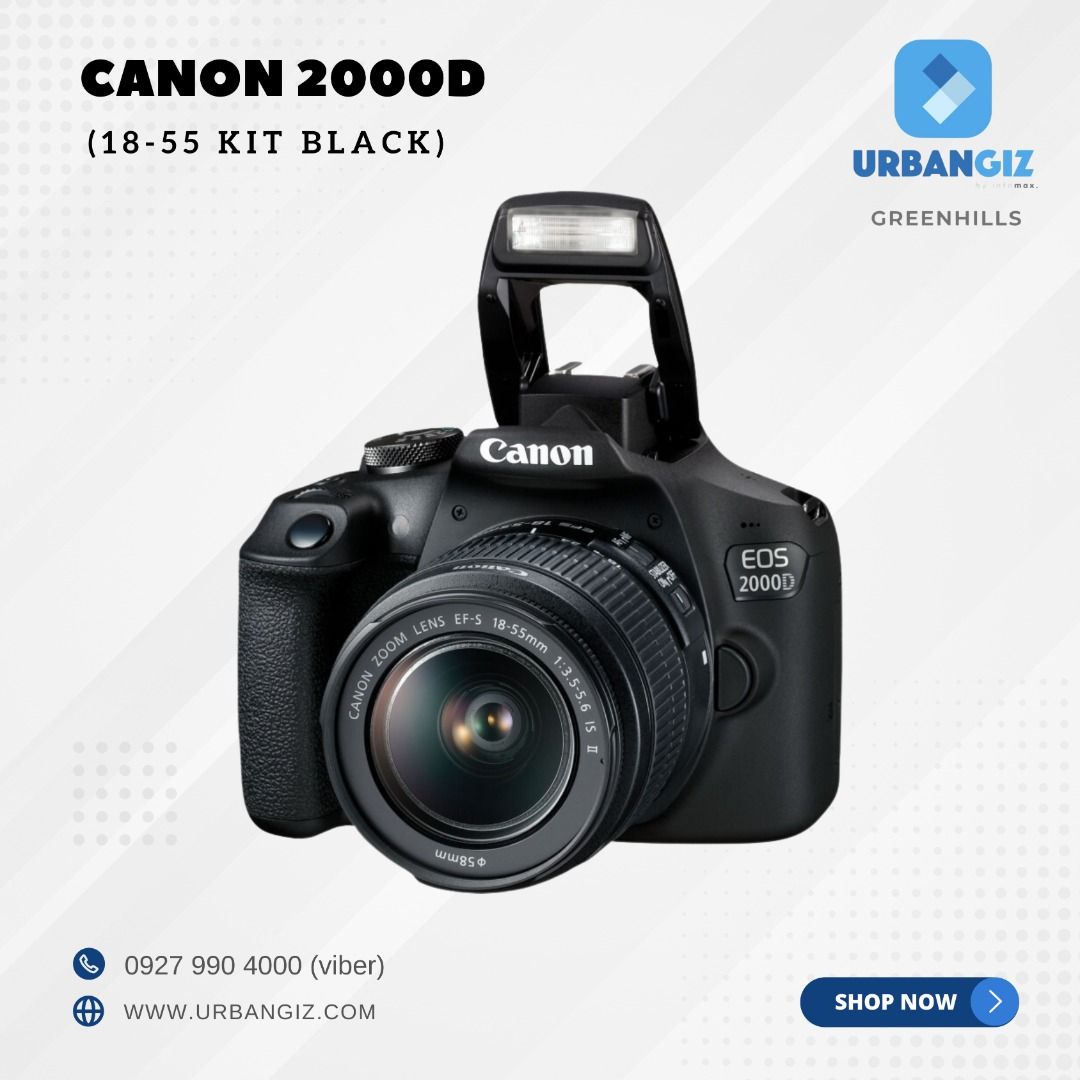 CANON 2000D 18-55 KIT BLACK (Category: Cameras) located in San Juan City. Submitted by urbangiz_greenhillsmall (Listing ID 1334601406, Image 2). Description: about this item key features: > 24.1 megapixel APS-C CMOS sensor. > FullHD 1920, 1080 30p video recording. > AF sensor with 9 cross-type AF points. > 3-inch vari-angle touchscreen. > WiFi & NFC connectivity. FREEBIES: 32GB SDCARD, CAMERA BAG & TRAVEL TRIPOD.