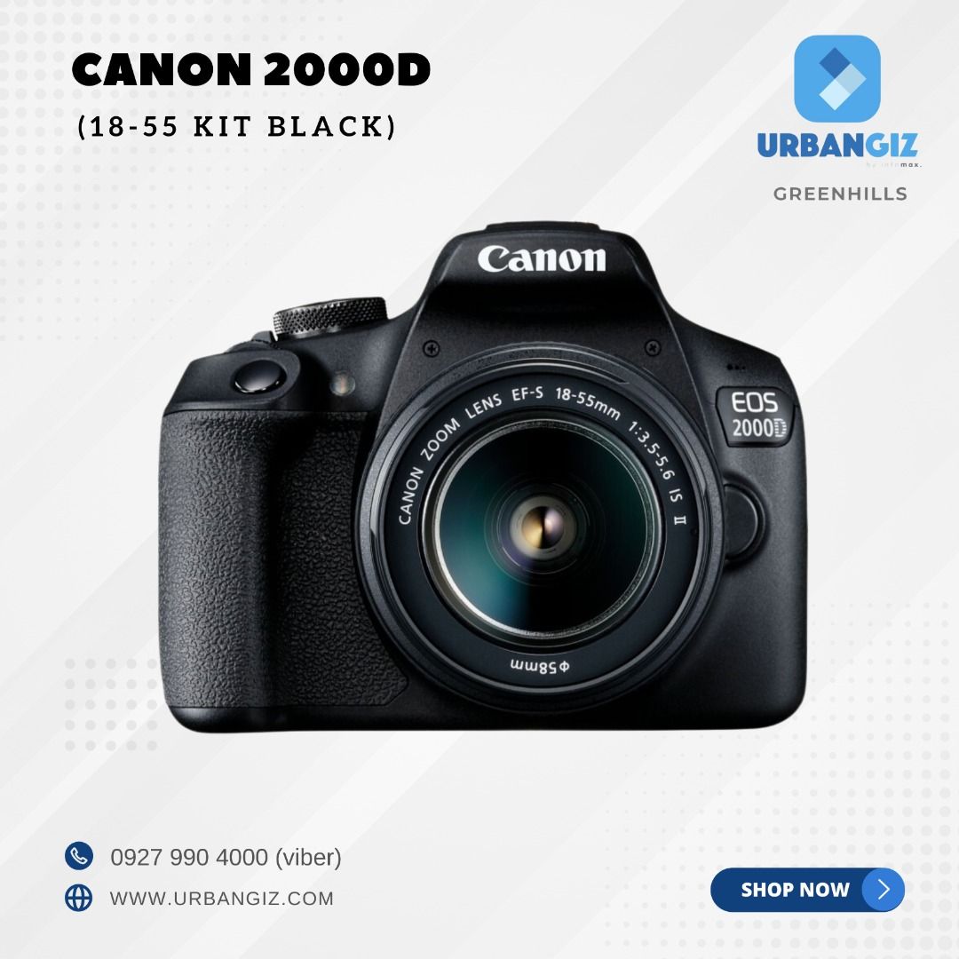 CANON 2000D 18-55 KIT BLACK (Category: Cameras) located in San Juan City. Submitted by urbangiz_greenhillsmall (Listing ID 1334601406, Image 1). Description: about this item key features: > 24.1 megapixel APS-C CMOS sensor. > FullHD 1920, 1080 30p video recording. > AF sensor with 9 cross-type AF points. > 3-inch vari-angle touchscreen. > WiFi & NFC connectivity. FREEBIES: 32GB SDCARD, CAMERA BAG & TRAVEL TRIPOD.