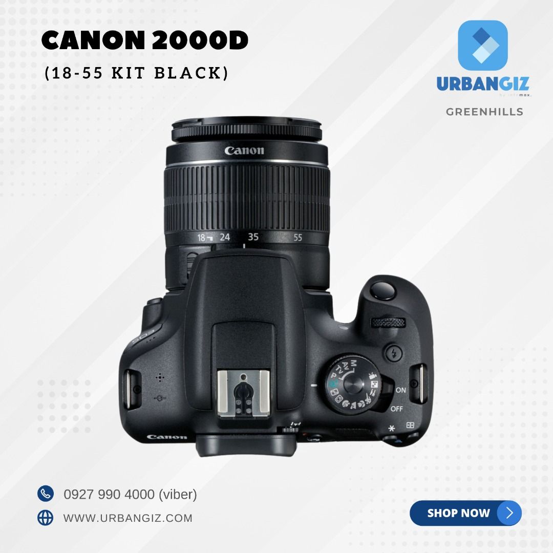 CANON 2000D 18-55 KIT BLACK (Category: Cameras) located in San Juan City. Submitted by urbangiz_greenhillsmall (Listing ID 1334601406, Image 3). Description: about this item key features: > 24.1 megapixel APS-C CMOS sensor. > FullHD 1920, 1080 30p video recording. > AF sensor with 9 cross-type AF points. > 3-inch vari-angle touchscreen. > WiFi & NFC connectivity. FREEBIES: 32GB SDCARD, CAMERA BAG & TRAVEL TRIPOD.