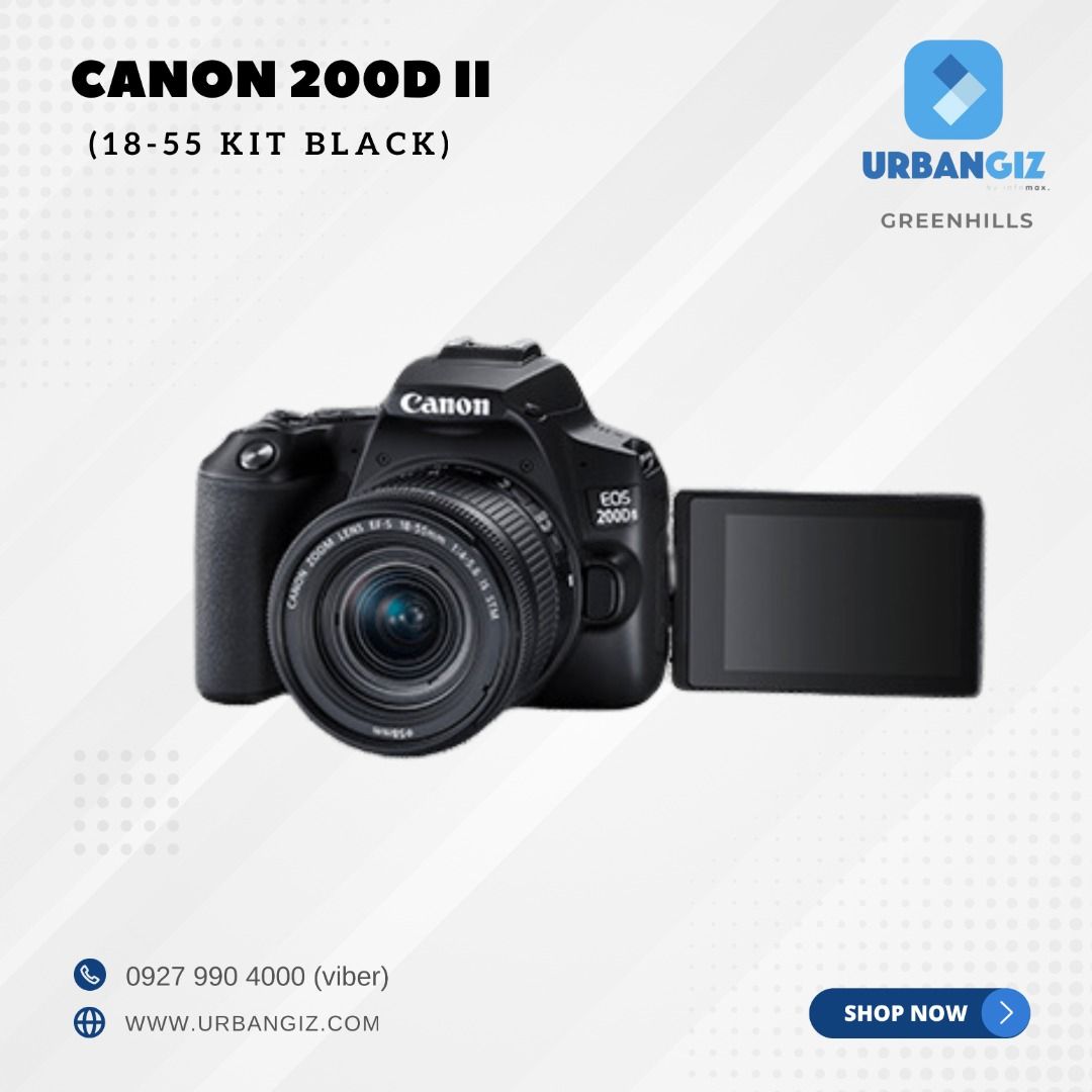 CANON 200D II 18-55 BLACK (Category: Cameras) located in San Juan City. Submitted by urbangiz_greenhillsmall (Listing ID 1334591924, Image 2). Description: about this item: The EOS 200D II is designed for comfort with its deep grip and ergonomically laid out function dials. With Black, Silver and White to choose from, it is sure to adds a statement to your lifestyle. Key features: > 24.1MP APS-C CMOS Sensor > Dual Pixel CMOS AF > DIGIC 8 > 3,975 