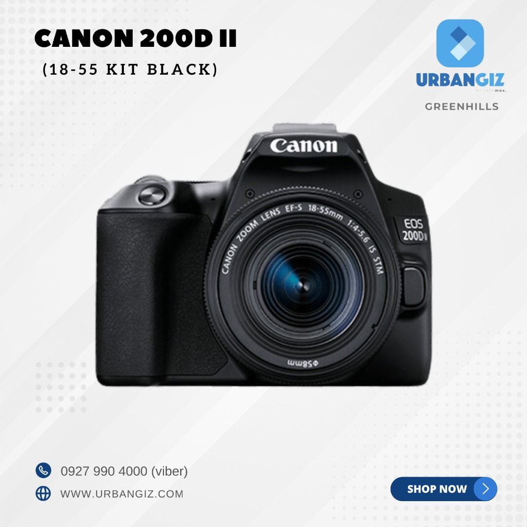 CANON 200D II 18-55 BLACK (Category: Cameras) located in San Juan City. Submitted by urbangiz_greenhillsmall (Listing ID 1334591924, Image 1). Description: about this item: The EOS 200D II is designed for comfort with its deep grip and ergonomically laid out function dials. With Black, Silver and White to choose from, it is sure to adds a statement to your lifestyle. Key features: > 24.1MP APS-C CMOS Sensor > Dual Pixel CMOS AF > DIGIC 8 > 3,975 