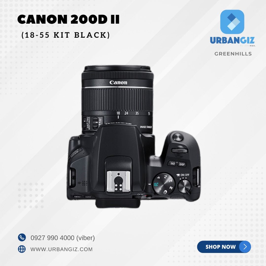 CANON 200D II 18-55 BLACK (Category: Cameras) located in San Juan City. Submitted by urbangiz_greenhillsmall (Listing ID 1334591924, Image 3). Description: about this item: The EOS 200D II is designed for comfort with its deep grip and ergonomically laid out function dials. With Black, Silver and White to choose from, it is sure to adds a statement to your lifestyle. Key features: > 24.1MP APS-C CMOS Sensor > Dual Pixel CMOS AF > DIGIC 8 > 3,975 