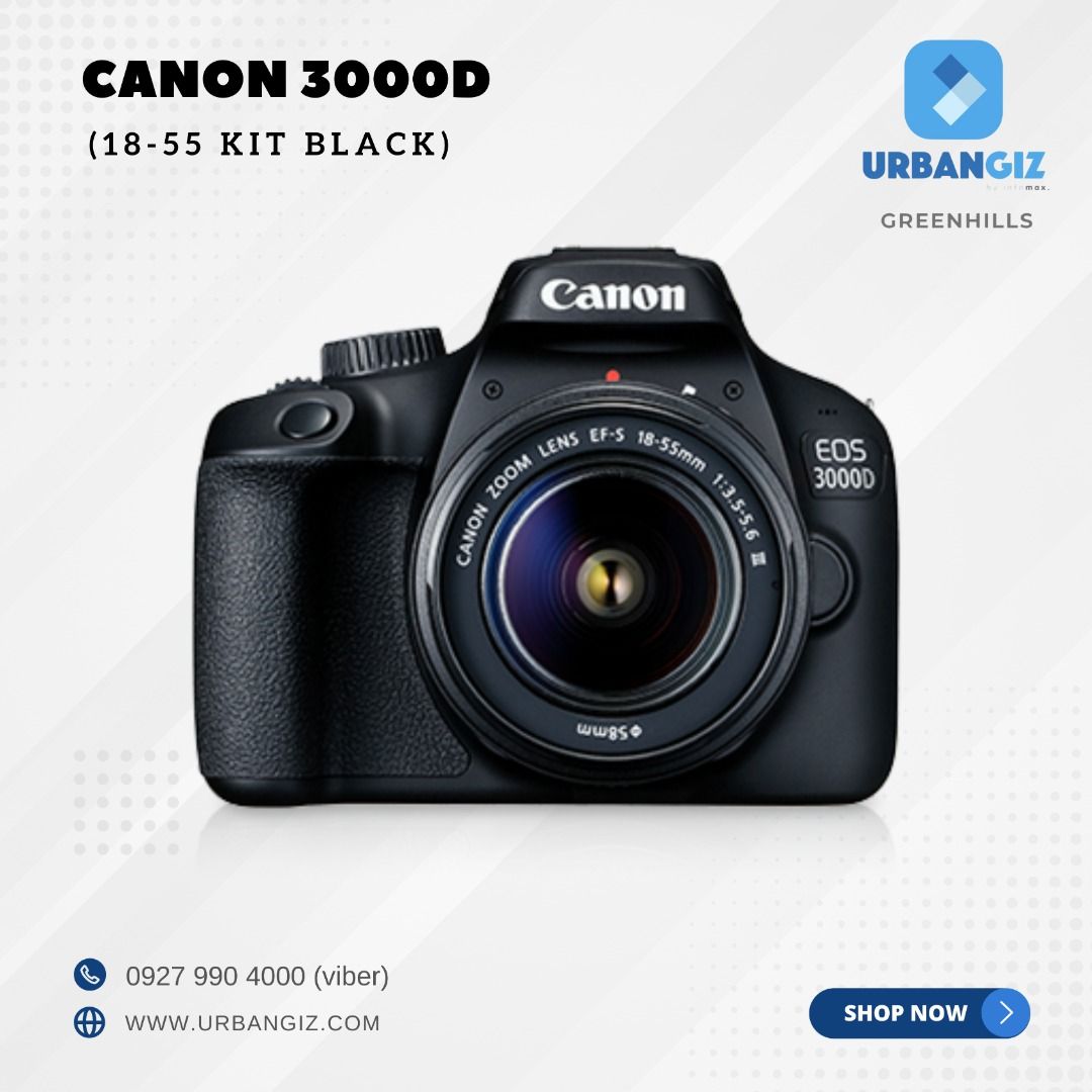 CANON 3000D 18-55 KIT BLACK (Category: Cameras) located in San Juan City. Submitted by urbangiz_greenhillsmall (Listing ID 1334598917, Image 1). Description: about this item Equipped with a grip that allows a steady hold on the camera, an optical viewfinder that enables the quick capture of fleeting moments, and a main dial for quick function switching, the EOS 3000D offers new camera users the quintessential DSLR experience. The 18-megapixel APS