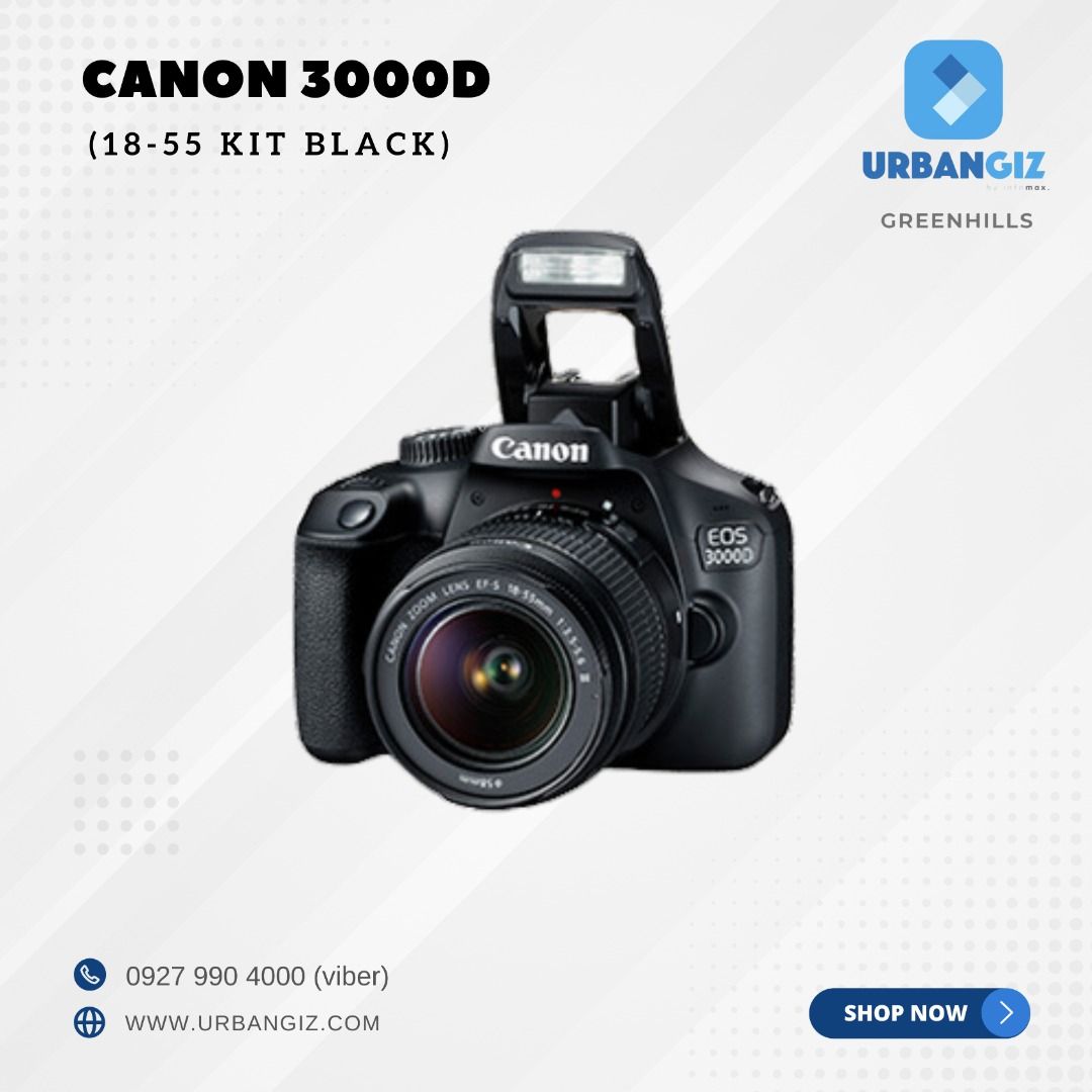 CANON 3000D 18-55 KIT BLACK (Category: Cameras) located in San Juan City. Submitted by urbangiz_greenhillsmall (Listing ID 1334598917, Image 3). Description: about this item Equipped with a grip that allows a steady hold on the camera, an optical viewfinder that enables the quick capture of fleeting moments, and a main dial for quick function switching, the EOS 3000D offers new camera users the quintessential DSLR experience. The 18-megapixel APS