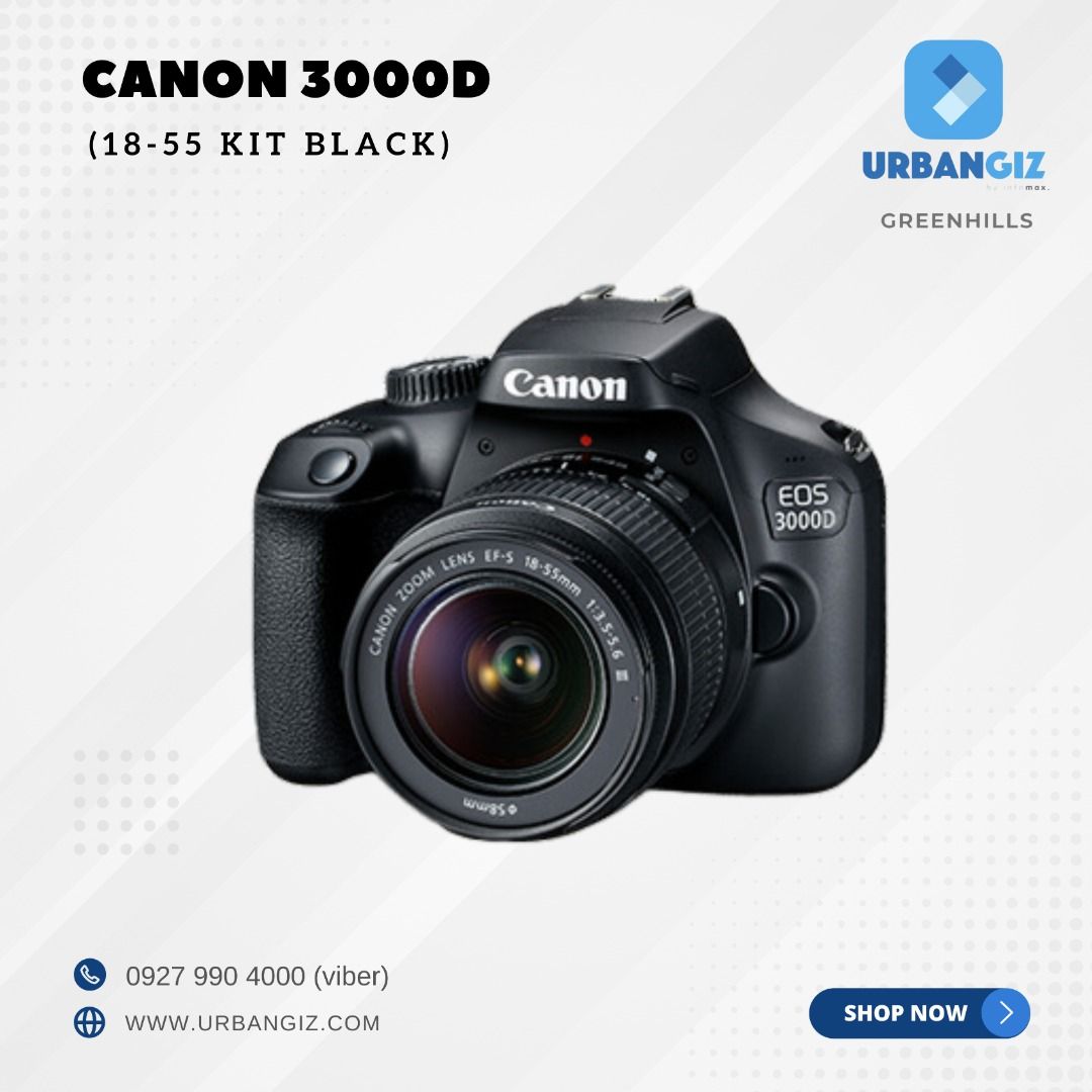 CANON 3000D 18-55 KIT BLACK (Category: Cameras) located in San Juan City. Submitted by urbangiz_greenhillsmall (Listing ID 1334598917, Image 2). Description: about this item Equipped with a grip that allows a steady hold on the camera, an optical viewfinder that enables the quick capture of fleeting moments, and a main dial for quick function switching, the EOS 3000D offers new camera users the quintessential DSLR experience. The 18-megapixel APS