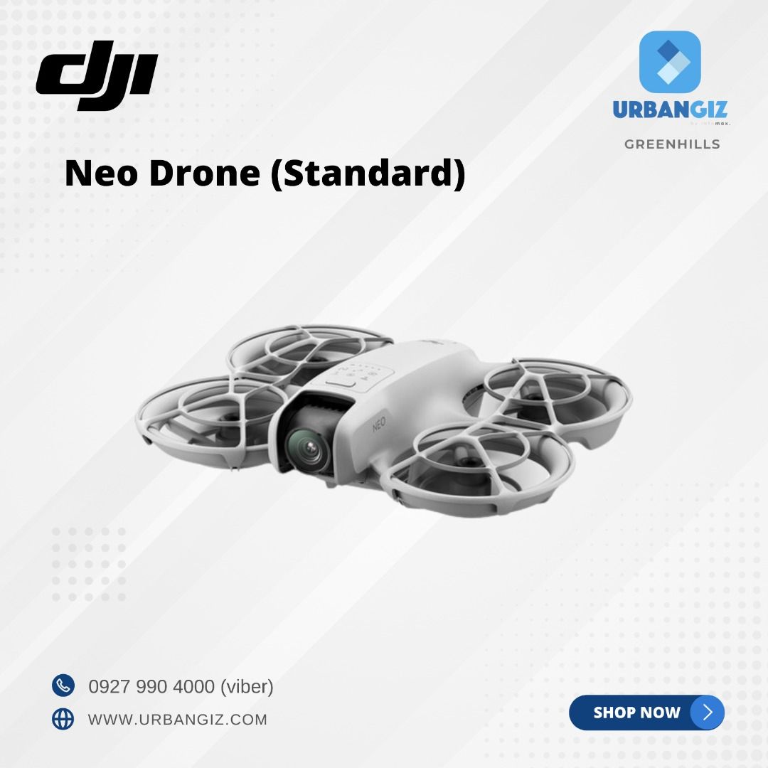 DJI NEO DRONE (STANDARD) (Category: Drones) located in San Juan City. Submitted by urbangiz_greenhillsmall (Listing ID 1334661510, Image 1). Description: about this item: The DJI NEO is a FPV drone with built-in propeller guards that ensures safe flights for beginners and enthusiasts. Take off from the palm your hand and take control with your phone or with the RC-N3 remote. You can also go completely hands free and use Palm Control. Palm Control