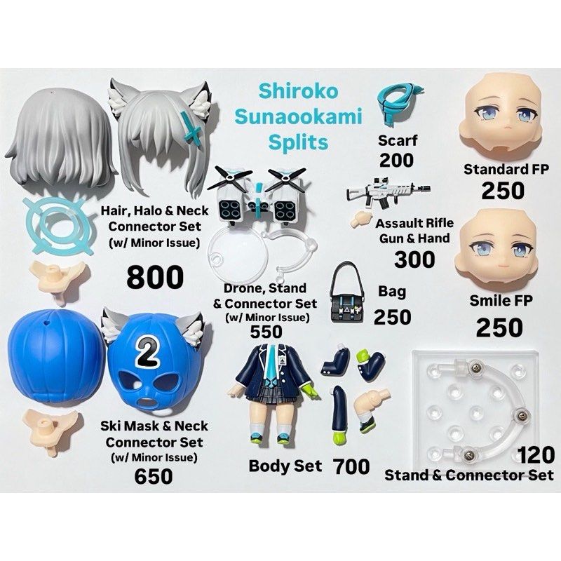 Nendoroid Shiroko Sunaookami Splits (Category: Figurines & Statues) located in San Fernando. Submitted by figurebytes (Listing ID 1334715031, Image 1). Description: Shiroko Sunaookami Splits Availability: *Hair, Halo & Neck Connector Set (w/ Minor Issue) *Ski Mask & Neck Connector Set (w/ Minor Issue) *Standard FP *Smile FP *Body Set *Drone, Stand & Connector Set (w/ Minor Issue) *Assault Rifle Gun & Hand ❌ *Bag *Scarf *Stand & Connector Set ❌ - 