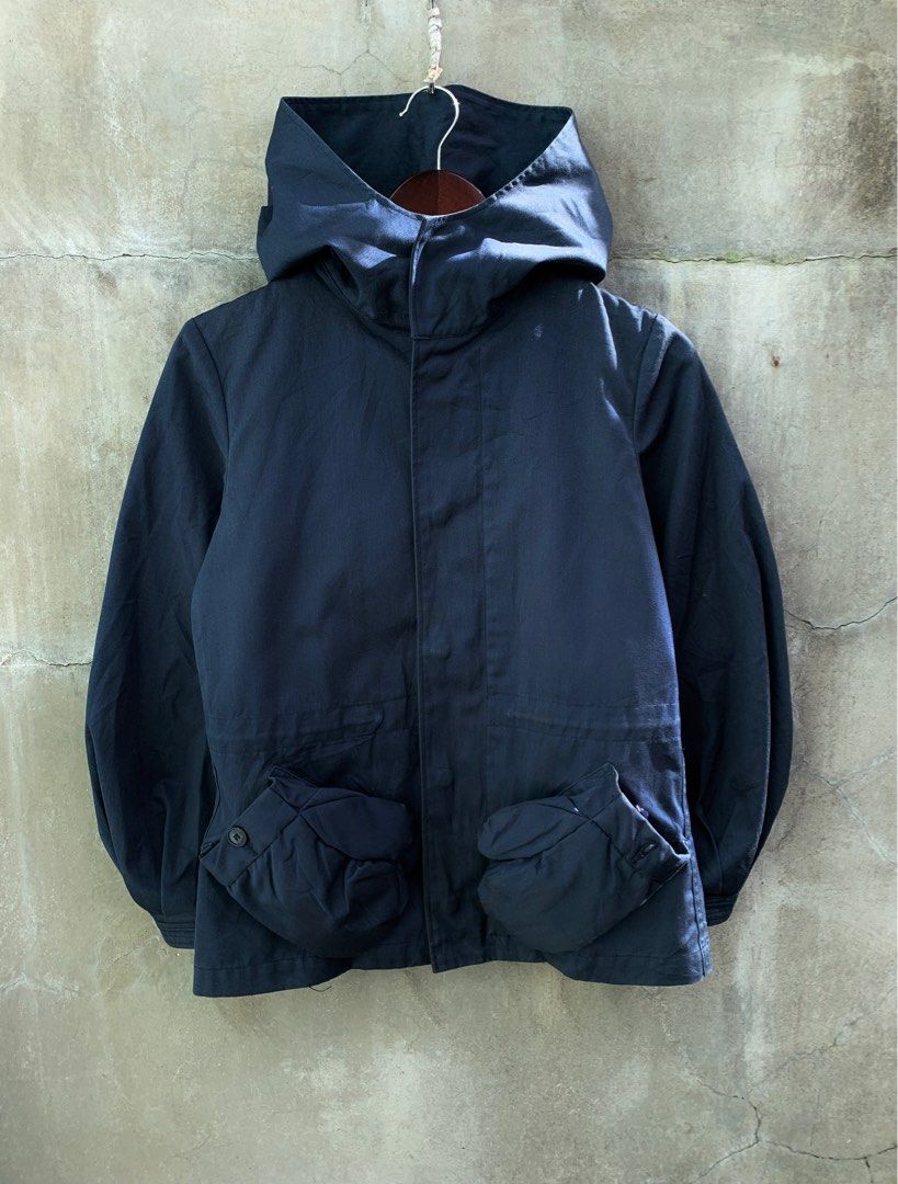 Ne-net Hooded Jacket With Mitten Pockets (Category: Activewear) located in Baguio. Submitted by lordeidara (Listing ID 1334637330, Image 1). Description: 8/10 Damaged Button on 1 pocket Minor discoloration front part Color:Navy Material: Cotton Size on tag:2 Fits: Length: 25 Width: 18.75 Sleeve Length: 22 Shoulder to shoulder: 15 Hem:20.