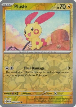 Pokemon Scarlet & Violet - Paradox Rift - Plusle - 060/182 - Common (Category: Raw Singles) located in Pasay City. Submitted by pokenexus (Listing ID 1334607699, Image 3). Description: Add this Pokémon card to your collection from the Scarlet & Violet - Paradox Rift set! This original card is in near mint condition, making it a great addition for collectors and players alike. Features: 🌟 Card Number: 060/182 🌟 Card Title: Plusle 🌟 Set: Scarlet