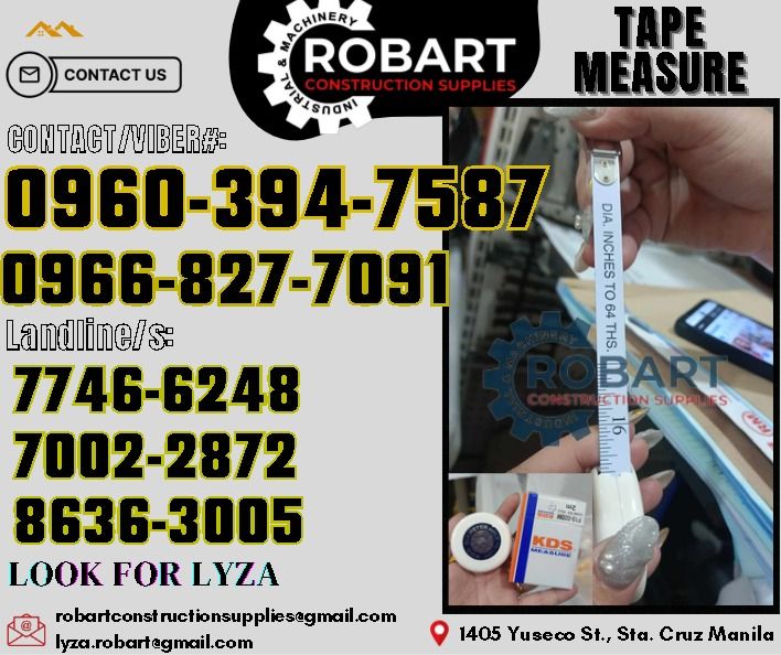 Steel Diameter Tape Measure (Category: Construction Tools & Equipment) located in Manila. Submitted by lyzarobart1999 (Listing ID 1334567401, Image 1). Description: Steel Diameter Tape Measure 2m x 10mm Brand: KDS 𝑹𝑶𝑩𝑨𝑹𝑻 𝑪𝑶𝑵𝑺𝑻𝑹𝑼𝑪𝑻𝑰𝑶𝑵 𝑺𝑼𝑷𝑷𝑳𝑰𝑬𝑺 𝒪𝒻𝒻𝒾𝒸𝑒 𝒜𝒹𝒹𝓇𝑒𝓈𝓈: 𝟣𝟦𝟢𝟧 𝒴𝓊𝓈𝑒𝒸𝑜 𝒮𝓉. 𝒮𝓉𝒶 𝒞𝓇𝓊𝓏 𝑀𝒶𝓃𝒾𝓁𝒶 ꜱᴇɴᴅ ᴜꜱ ᴍᴇꜱꜱᴀɢᴇ ꜰᴏʀ ɪɴQᴜɪʀɪᴇꜱ ‼️ ‼️ ɢʟᴏʙᴇ: (0966-827-7091) ꜱᴍʀᴛ - (0960-394-7587) ᴠɪʙʀ - (0960-