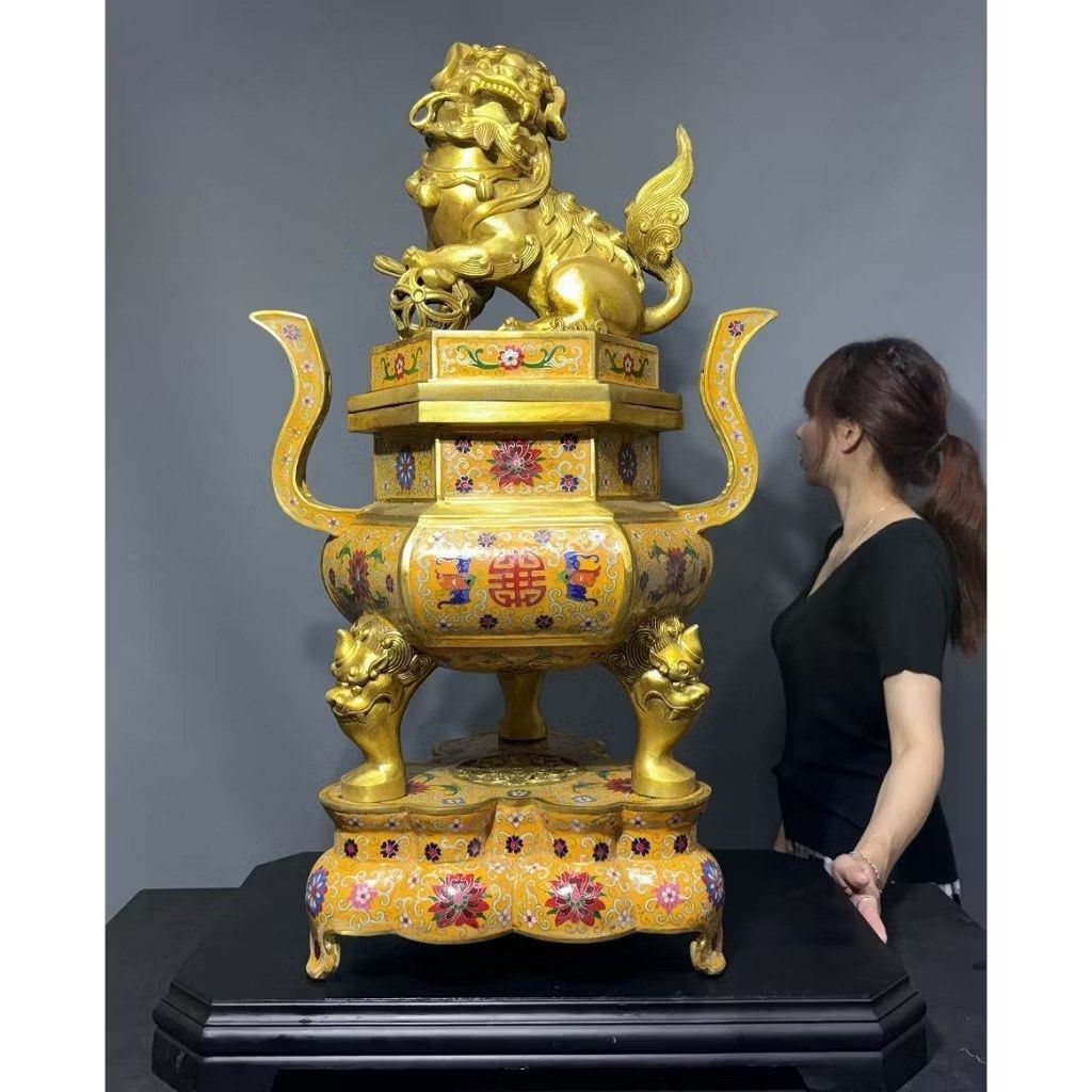 合雅藝品 景泰藍【醒獅雙耳香爐】黃帝彩 薰香爐 掐絲琺瑯彩 爐壁厚實 爐蓋鏤雕 景泰藍香爐 收藏擺件 I39