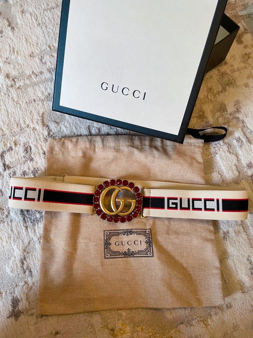 Authentic Gucci stripe belt women double G hardware GG logo marmont red ruby stone diamond crystals tricolor Gucci stripe elastic adjustable size rare