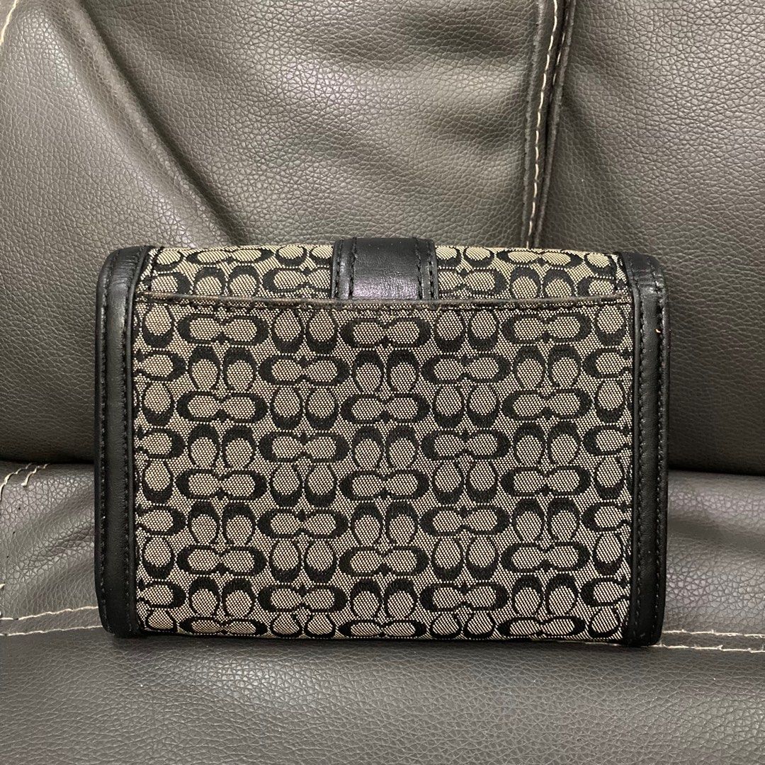 Coach Black Gray Signature Jacquard Leather Buckle Bifold Wallet