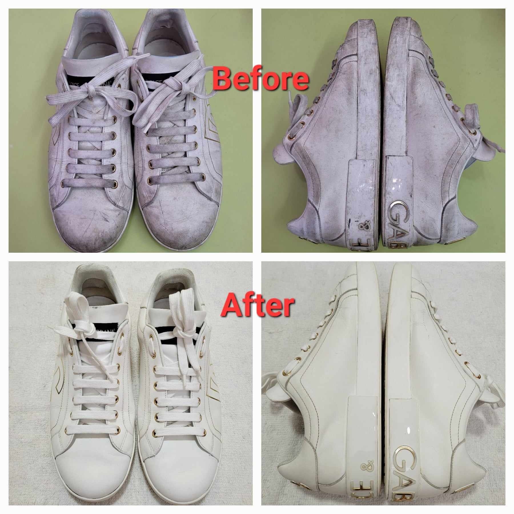 Full Cleaning S 22.99 D G Dolce Gabbana White Gold Leather Sneaker Shoes Footwear Manual Cleaning Washing Men s Fashion Footwear Sneakers on Carousell