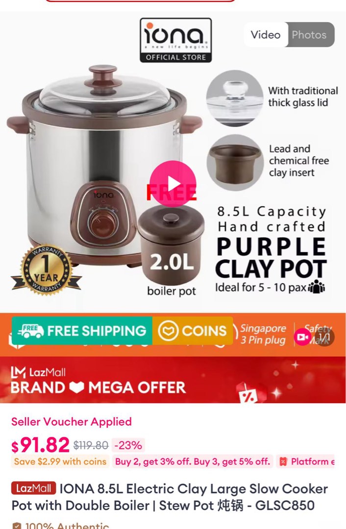 Iona Clay Large Slow Cooker 8.5L