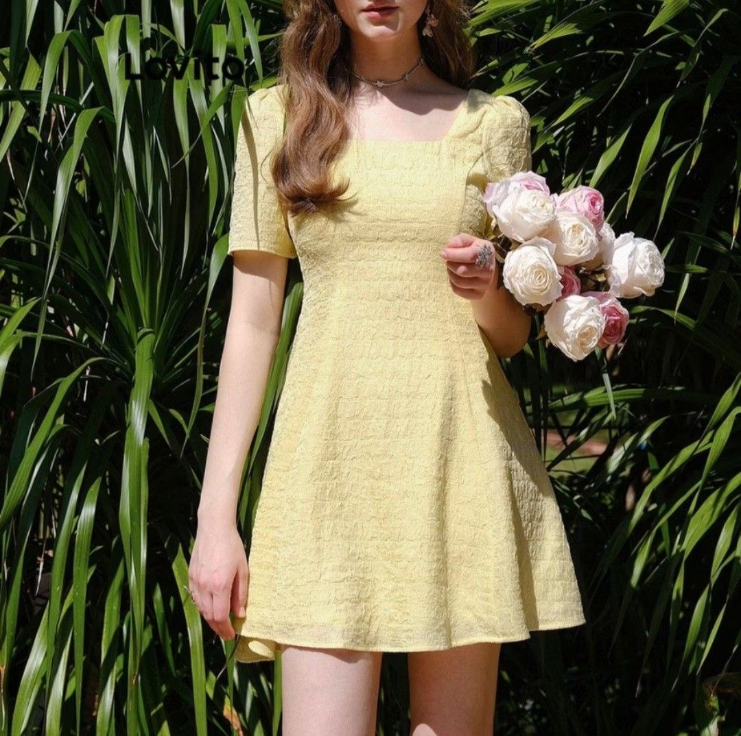 Lovito Casual Plain Jacquard Puff Sleeve Dress for Women Light Yellow Women s Fashion Dresses Sets Dresses on Carousell