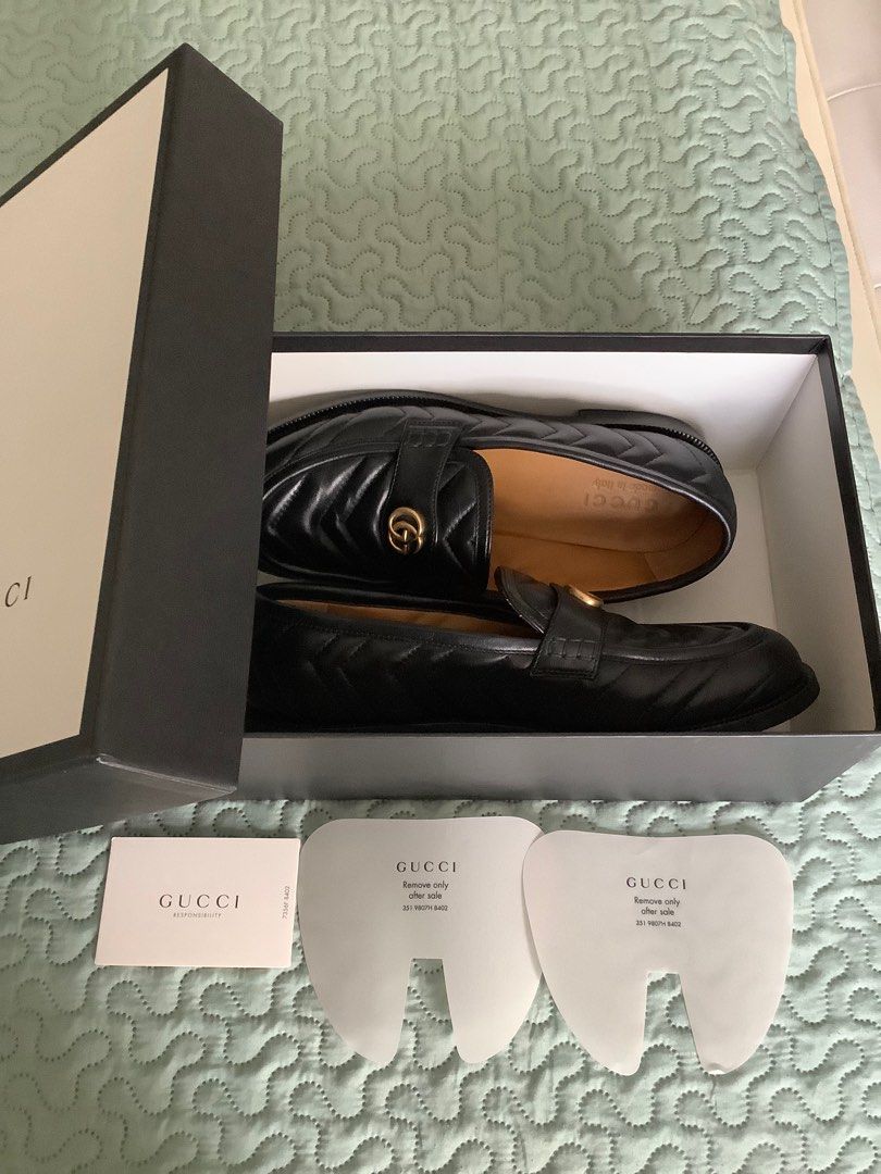 NEW GUCCI MEN S BLACK LEATHER DOUBLE G CHEVRON LOAFERS 7 US