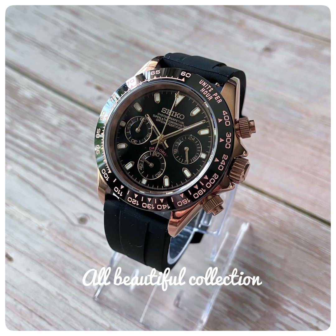 Seiko mod Rose Gold Daytona Cosmograph Black chronograph watch