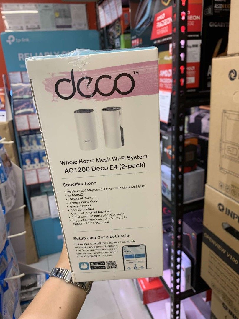TP-Link Deco E4 AC1200 Whole Home Mesh WiFi System 2PACK (Category: Networking) located in Makati City. Submitted by slaccessoriesshop (Listing ID 1334736211, Image 3). Description: TP-Link Deco E4 AC1200 Whole Home Mesh WiFi System 2PACK 💥 ELECTRONICS, COMPUTER ACCESSORIES AND APPLIANCES 💥 All Items - Original / Brand New / Sealed We issue SALES INVOICE With WARRANTY RECEIPT With TECHNICAL SUPPORT Accepting BULK ORDERS We are OPEN EVERYDAY ! S