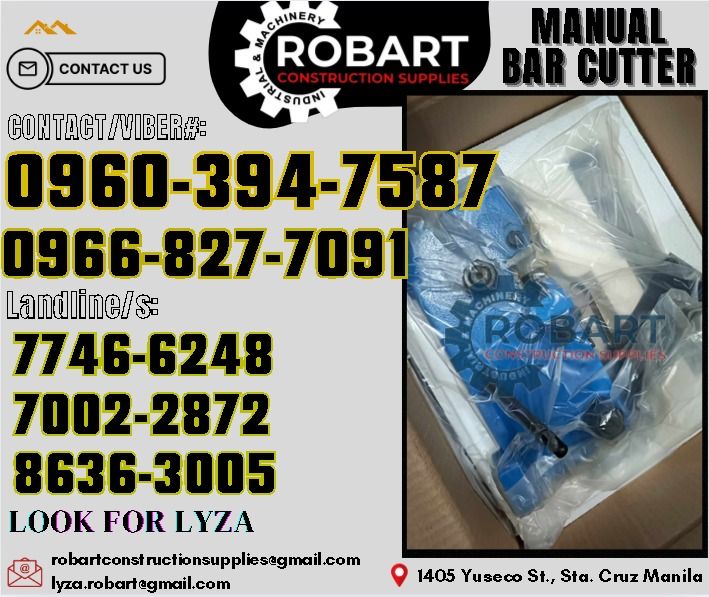 TTMC Manual Bar Cutter (Category: Construction Tools & Equipment) located in Manila. Submitted by lyzarobart1999 (Listing ID 1334769776, Image 1). Description: Manual Bar Cutter Brand: TTMC Model: MS-20 Size: 20mm 𝑹𝑶𝑩𝑨𝑹𝑻 𝑪𝑶𝑵𝑺𝑻𝑹𝑼𝑪𝑻𝑰𝑶𝑵 𝑺𝑼𝑷𝑷𝑳𝑰𝑬𝑺 𝒪𝒻𝒻𝒾𝒸𝑒 𝒜𝒹𝒹𝓇𝑒𝓈𝓈: 𝟣𝟦𝟢𝟧 𝒴𝓊𝓈𝑒𝒸𝑜 𝒮𝓉. 𝒮𝓉𝒶 𝒞𝓇𝓊𝓏 𝑀𝒶𝓃𝒾𝓁𝒶 ꜱᴇɴᴅ ᴜꜱ ᴍᴇꜱꜱᴀɢᴇ ꜰᴏʀ ɪɴQᴜɪʀɪᴇꜱ ‼️ ‼️ ɢʟᴏʙᴇ: (0966-827-7091) ꜱᴍʀᴛ - (0960-394-7587) ᴠɪʙʀ - (0960-