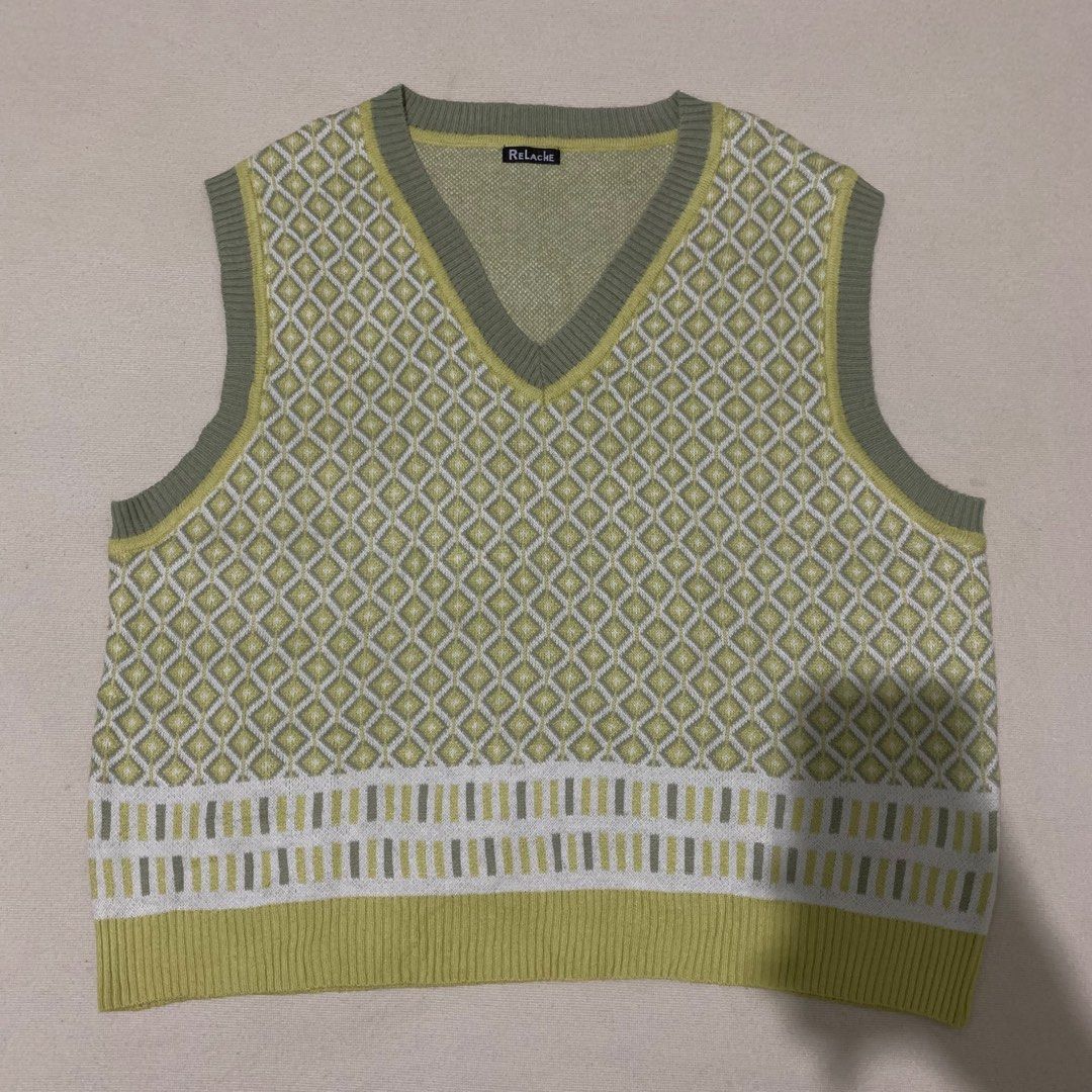 Vest Rajut Full Motif Salur Academia Ketupat Hijau Kuning Vintage ...