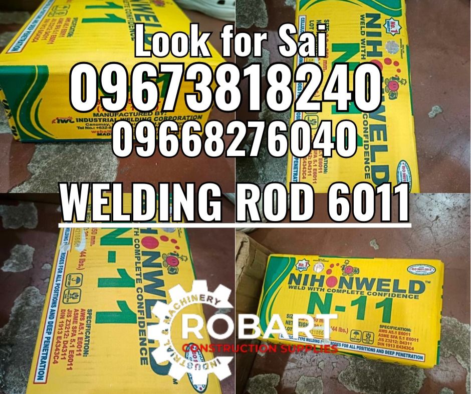 Welding Rod 6011 (Category: Construction Tools & Equipment) located in Manila. Submitted by robartehm (Listing ID 1334777136, Image 1). Description: Welding Rod 6011 N-11 3.2mm 20kg per box ROBART CONSTRUCTION SUPPLIES For inquiries: For FAST TRANSACTION: Sai Robart - 09673818240 / 09662708706 Vbr: Robart Sai - 09673818240 sairobart3@gmail. com Office Address: 1405 Yuseco St. Sta. Cruz Manila 7746-6248, 7216-7605 ,7002-2872, 8-6363005 09351427044