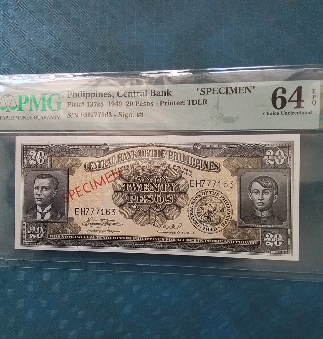 🐱1949年菲律賓中央銀行＄20披索，【SPECIMEN 樣鈔】PMG 64 EPQ，市場少見。, 興趣及遊戲, 收藏品及紀念品, 錢幣-  Carousell