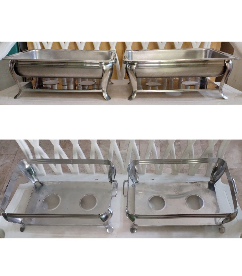 Chafing dish frame/stand - w/water pan (Category: Other Kitchenware & Tableware) located in Pasig City. Submitted by eclectic_stuff (Listing ID 1334970845, Image 1). Description: Chafing dish frame/stand - w/water pan - non foldable ~ thick, quality stainless steel ~ ● frame > lightly used..but then stored..make looks 'well used' ● deep water pan > lightly used # blemished base (see pic) 🎈@ 900/set (2-set available).