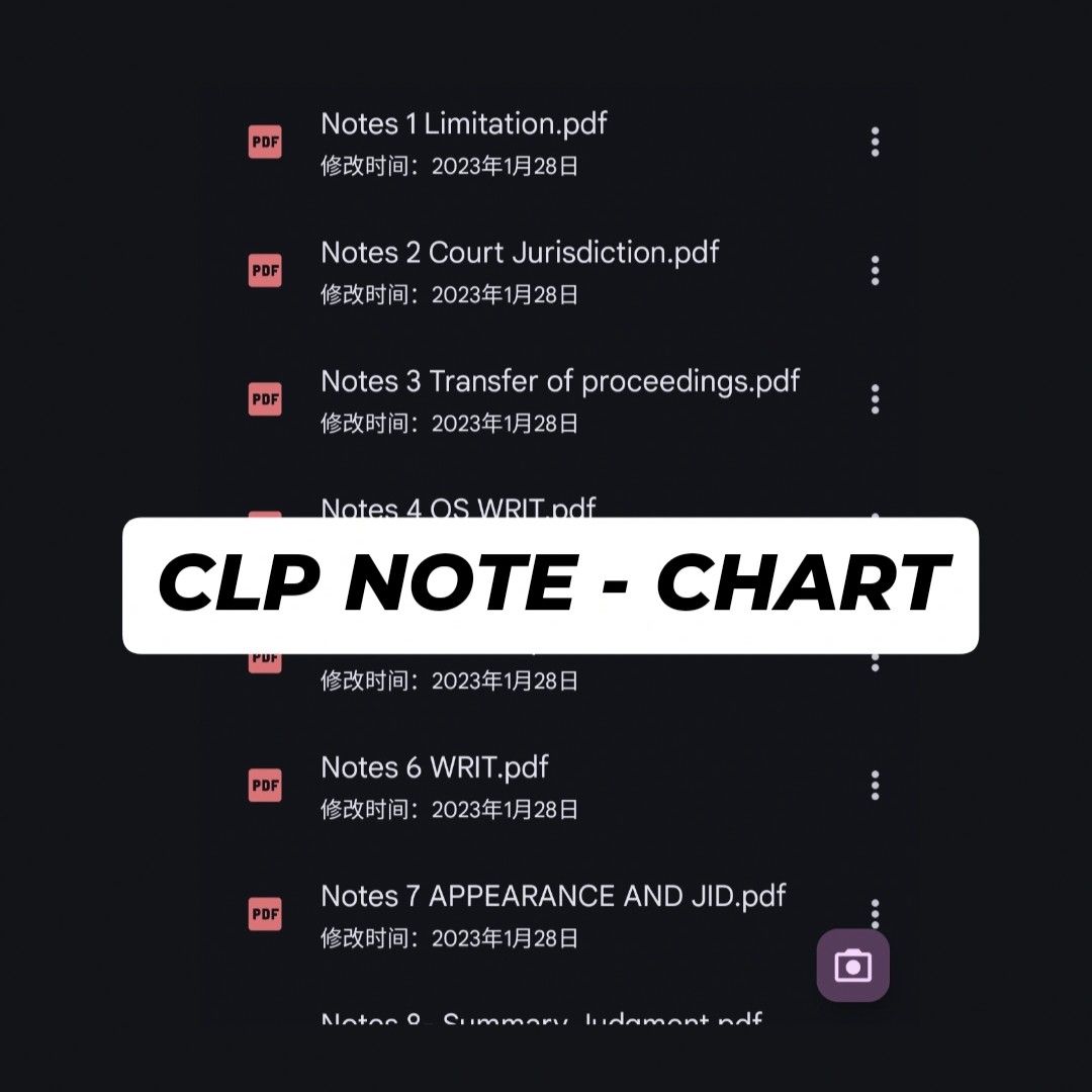 CLP chart (Category: Textbooks) located in Masai. Submitted by xannnna (Listing ID 1334997136, Image 1). Description: CLP chart , complete and clear RM150 for full set. 5 subjects *passed 1st attempt in 2024 1. GP - CONTRACT 2. GP - TORT 3. CIVIL PROCEDURE 4. CRIMINAL PROCEDURE 5. EVIDENCE 6. PP - LAND & HDA 7. PP - Ethics 8. PP - PROBATE.