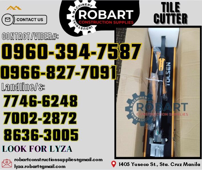 Heavy Duty Tile Cutter (Category: Construction Tools & Equipment) located in Manila. Submitted by lyzarobart11 (Listing ID 1334952956, Image 1). Description: Heavy Duty Tile Cutter 1200mm Brand: Tolsen 𝑹𝑶𝑩𝑨𝑹𝑻 𝑪𝑶𝑵𝑺𝑻𝑹𝑼𝑪𝑻𝑰𝑶𝑵 𝑺𝑼𝑷𝑷𝑳𝑰𝑬𝑺 𝒪𝒻𝒻𝒾𝒸𝑒 𝒜𝒹𝒹𝓇𝑒𝓈𝓈: 𝟣𝟦𝟢𝟧 𝒴𝓊𝓈𝑒𝒸𝑜 𝒮𝓉. 𝒮𝓉𝒶 𝒞𝓇𝓊𝓏 𝑀𝒶𝓃𝒾𝓁𝒶 ꜱᴇɴᴅ ᴜꜱ ᴍᴇꜱꜱᴀɢᴇ ꜰᴏʀ ɪɴQᴜɪʀɪᴇꜱ ‼️ ‼️ ɢʟᴏʙᴇ: (0966-827-7091) ꜱᴍʀᴛ - (0960-394-7587) ᴠɪʙʀ - (0960-394-7587) ʟᴀ