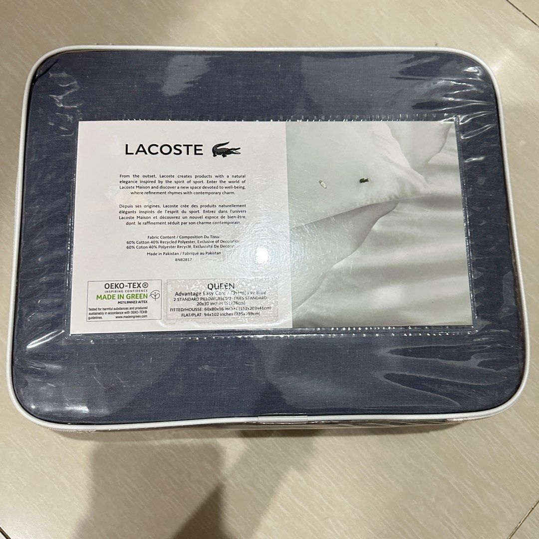 Lacoste Queen size bed sheet set with pillowcase from USA (Category: Bedding & Towels) located in Manila. Submitted by hodlclub (Listing ID 1334994455, Image 3). Description: Brand new. Fitted flat sheets 2 standard pillowcase 20x30 inches (51x76cm) 60% cotton 40% recycled polyester Lightweight elegant sheet designed to suit any bedroom Durable and gets softer the more you wash.